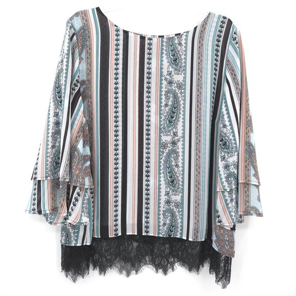 Chico's paisley stripe chiffon lace trim tunic top Size 3 (XL) flare sleeve - Picture 1 of 10